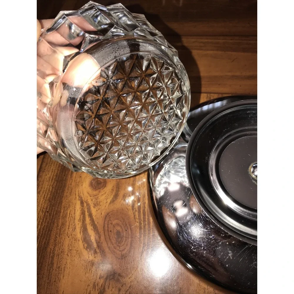 Vintage Lazy Susan Lid Bottom Glass‎ relish Jelly Dish Stainless Steel Bowl